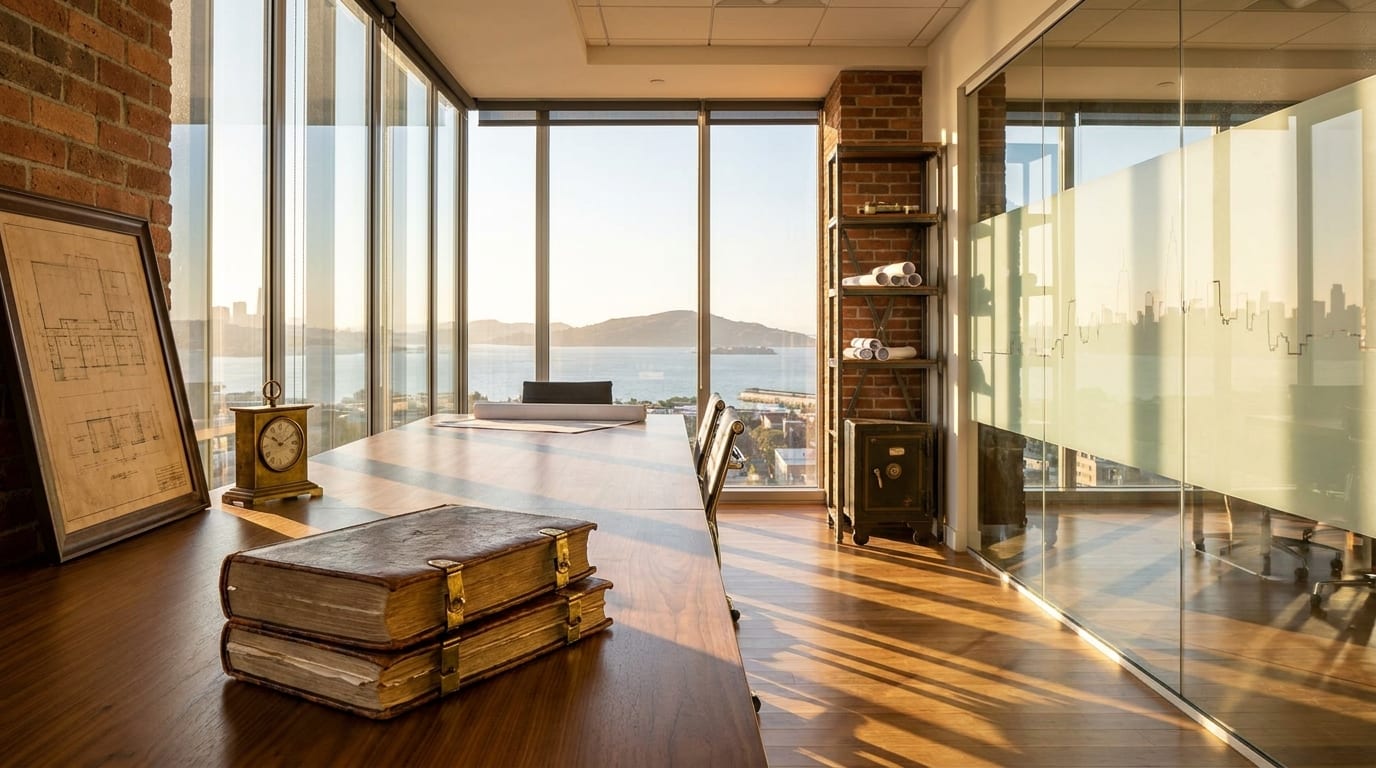 Sunlit San Francisco office with walnut conference table, leather ledgers, brass clock, and bay views through floor-to-ceiling windows