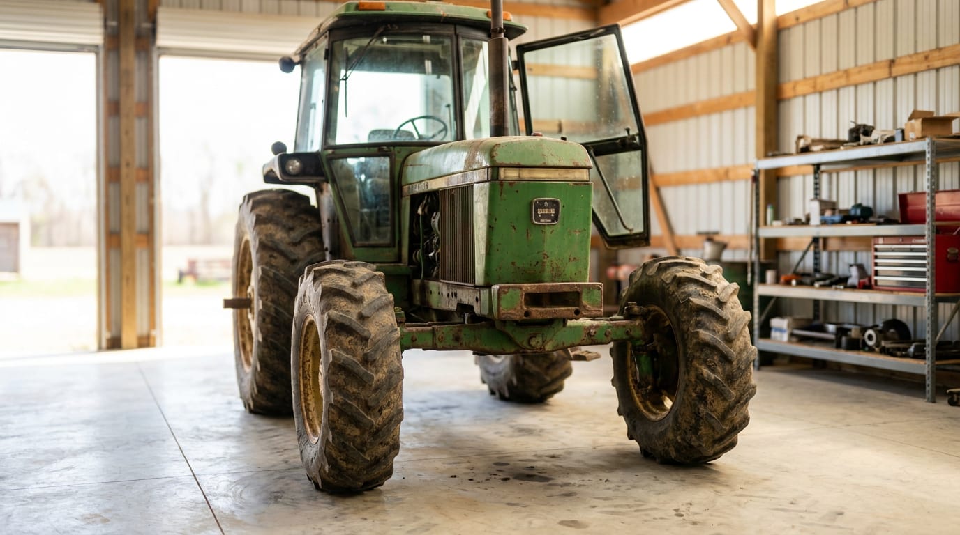 Weathered green tractor parked in sunlit equipment barn with visible wear and mud on tires