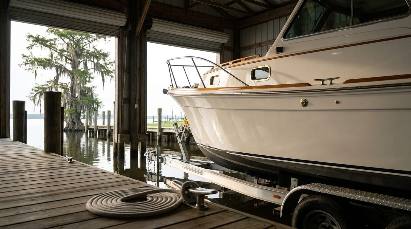 White fiberglass cabin cruiser on trailer in Louisiana marina boathouse with dock lines and bayou water visible