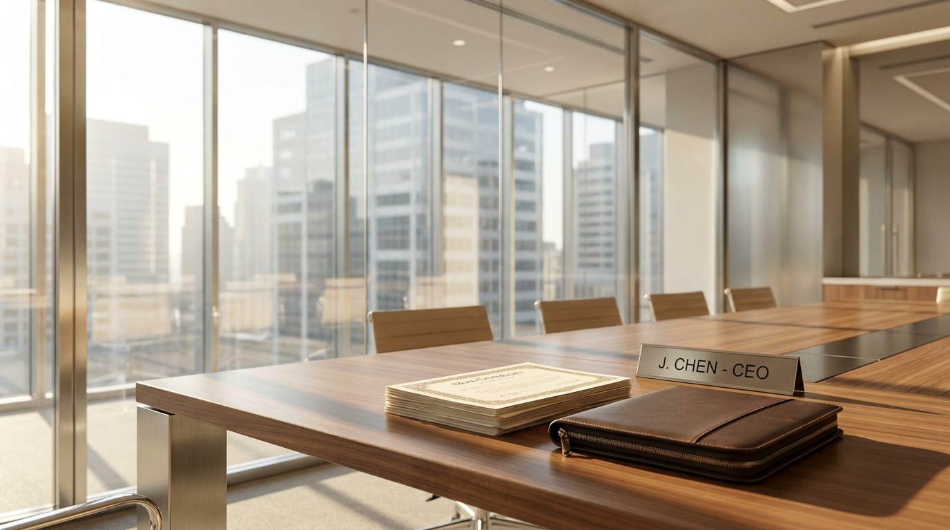 Modern boardroom with walnut conference table, stock certificates, leather portfolio, and city skyline view through glass walls