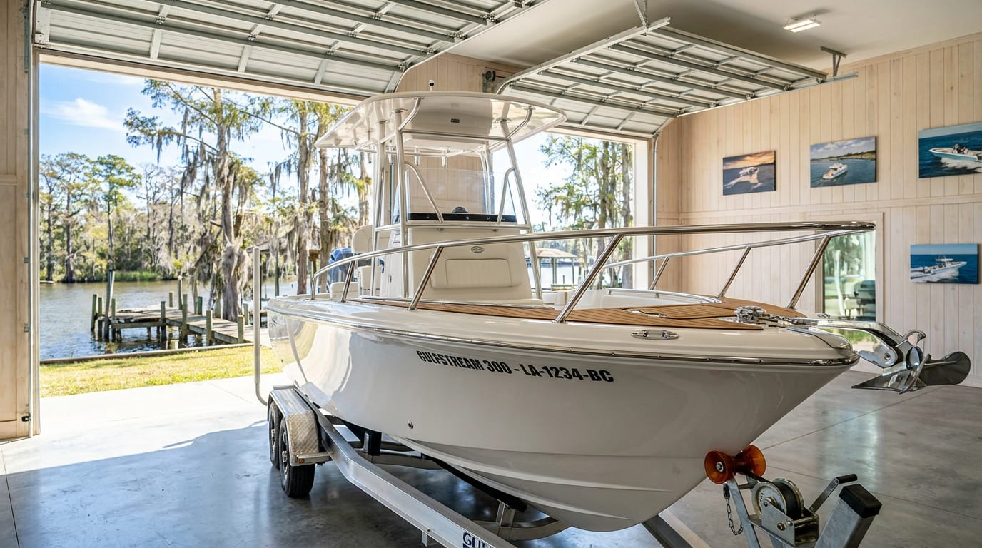 White center-console fishing boat on trailer in Louisiana marina showroom with bayou waterway and cypress trees visible in background