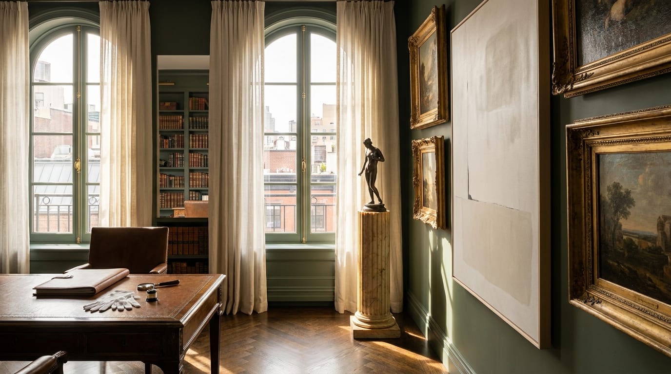 Sunlit Upper East Side gallery room with framed oil paintings, bronze sculpture on marble pedestal, and antique writing desk displaying archival gl…