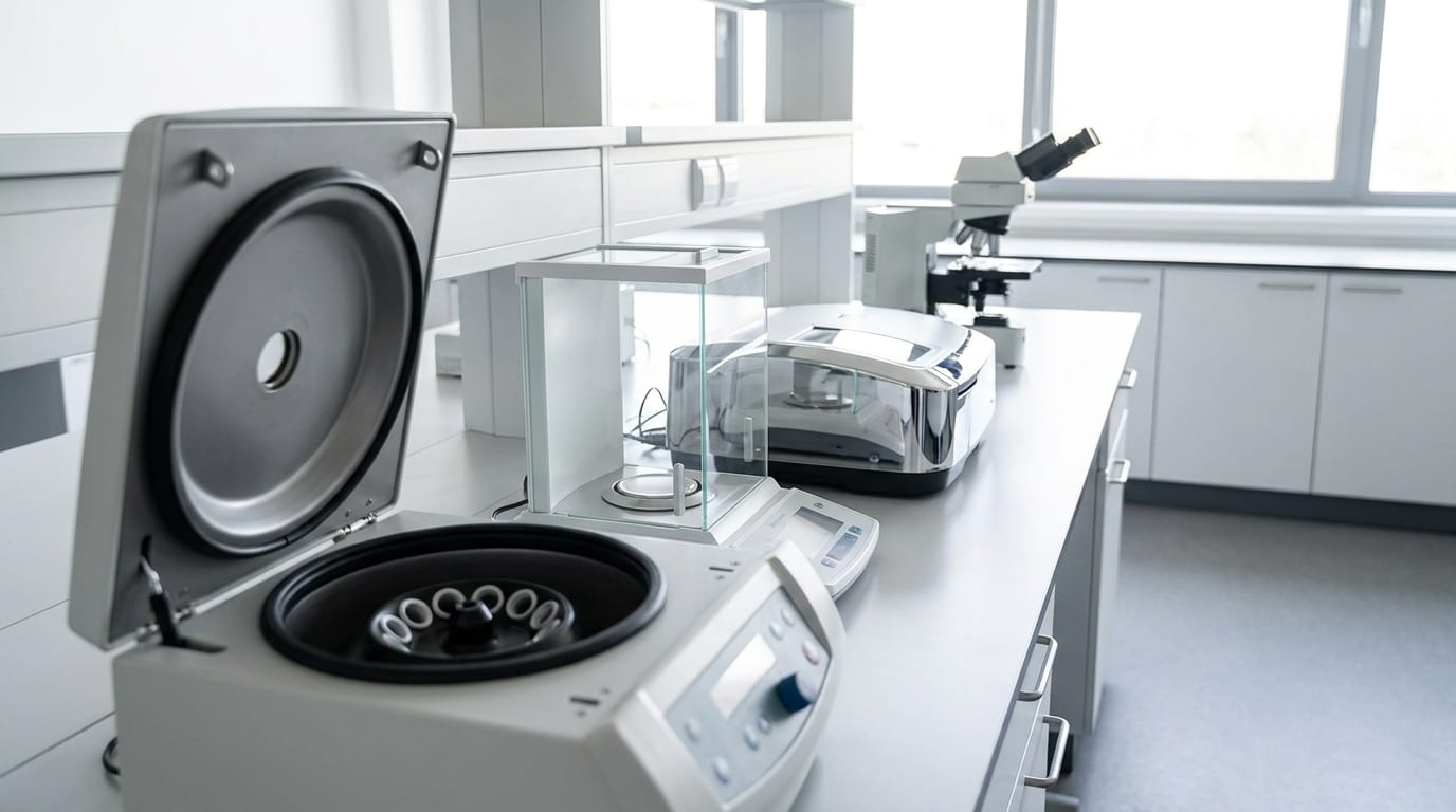 Laboratory workbench with microscope, centrifuge, analytical balance, and spectrophotometer under natural light