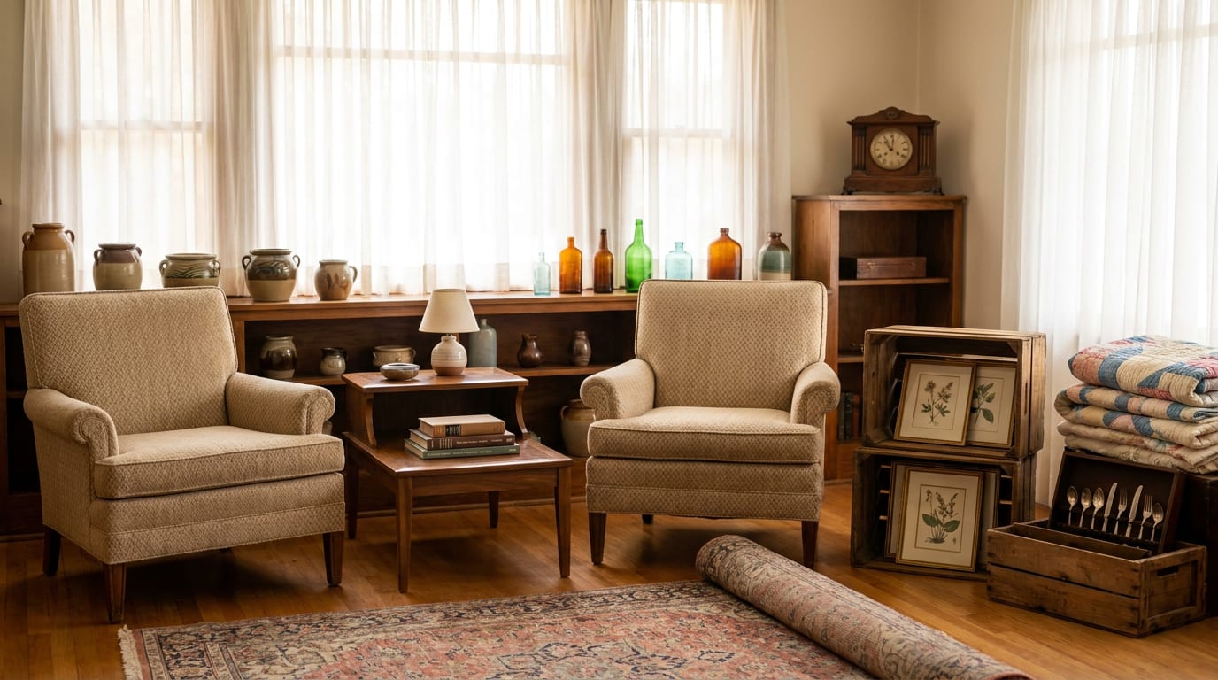 Craftsman-style living room with household items arranged for appraisal: armchairs, pottery, vintage rug, wooden crates, quilts, and antique clock