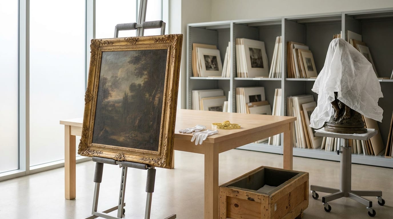 Museum conservation room with framed painting on padded easel, archival storage racks, and preservation materials on worktable