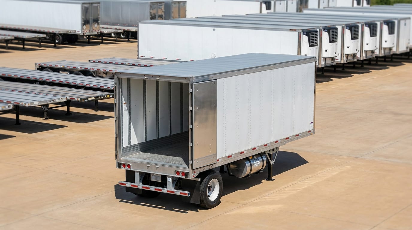 Fleet of commercial trailers parked in diagonal formation with one trailer's open cargo doors displayed in foreground