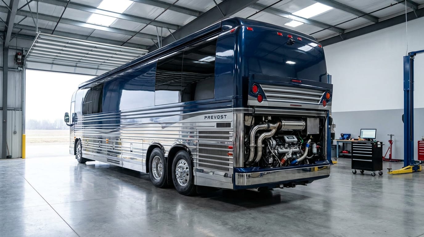 Class A diesel pusher motorcoach parked in professional service bay with open engine compartment access panel