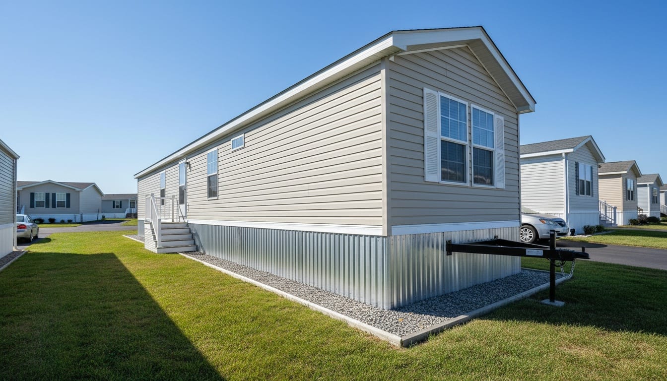 Manufactured home on gravel pad with visible skirting, aluminum siding, and hitch coupler in residential community