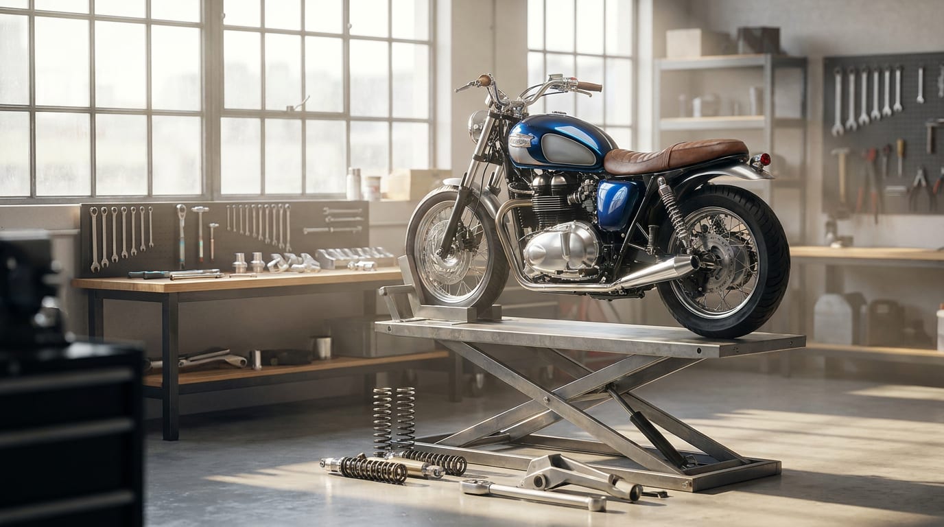 Customized motorcycle on hydraulic lift in bright workshop with precision tools and aluminum parts displayed on workbench