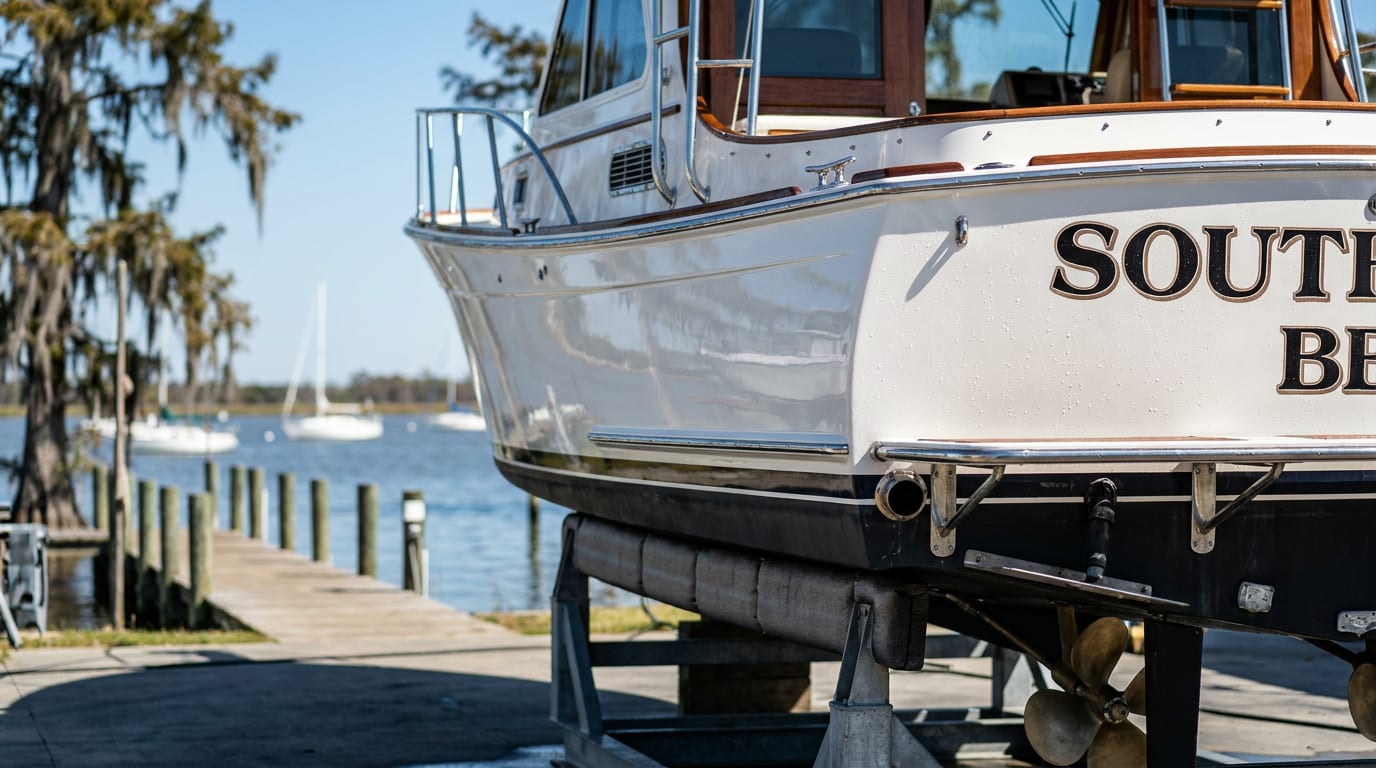 White fiberglass cabin cruiser in dry dock at Louisiana marina with teak trim and chrome fittings
