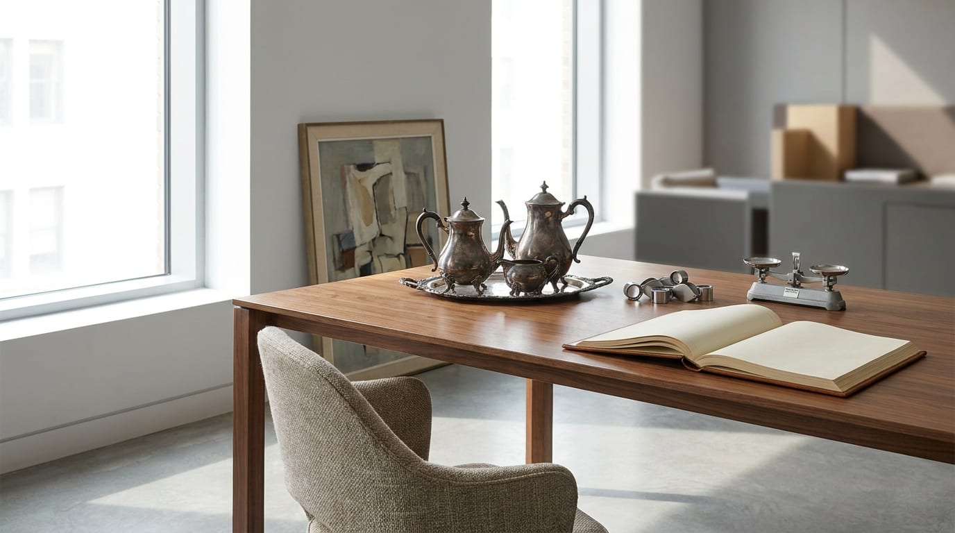 Organized archival workspace with antique silver tea set, mid-century painting, jeweler's tools, and leather ledger on walnut table in sunlit moder…