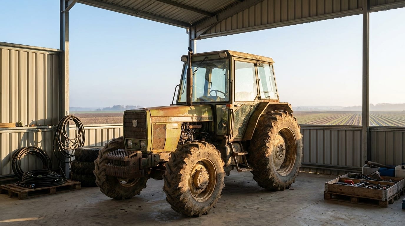 Weathered green tractor with mud-flecked fenders parked in an open-sided barn with morning light