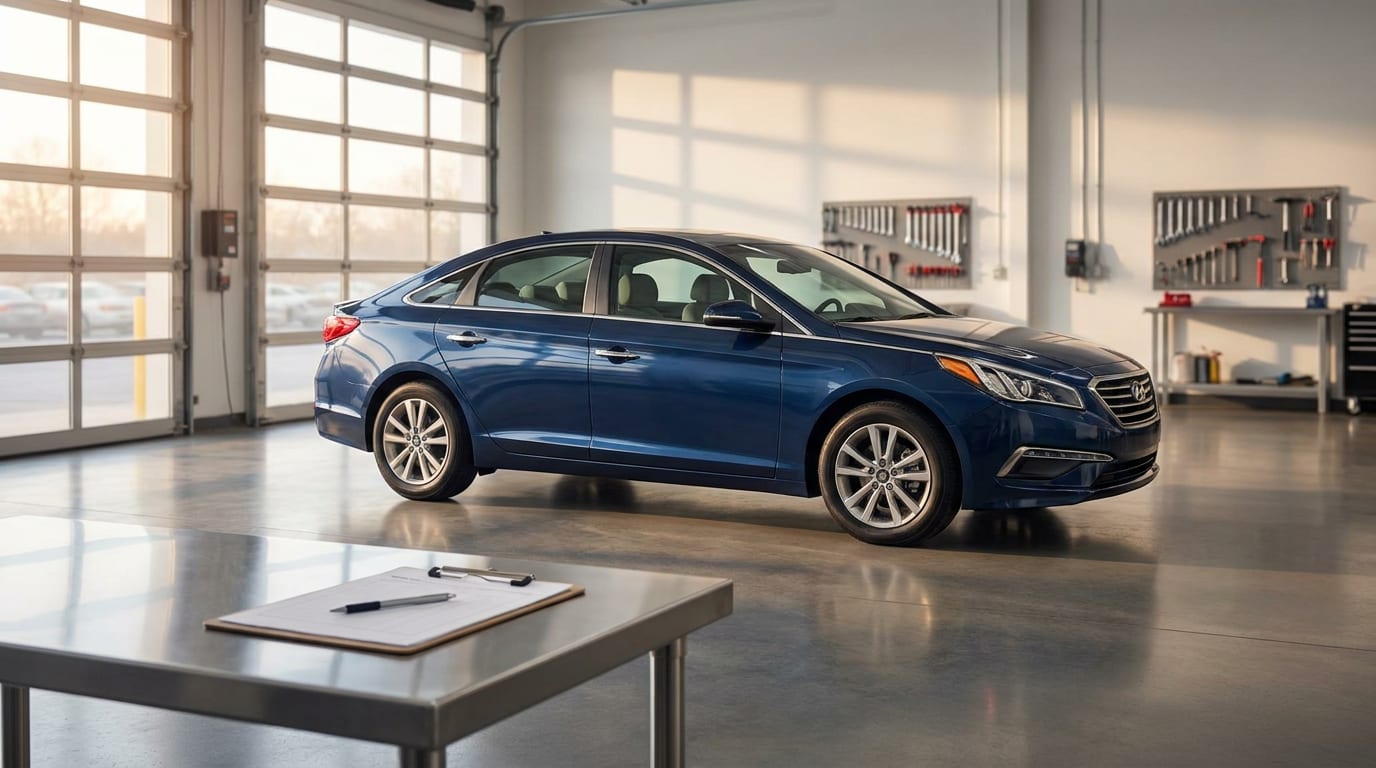 Late-model sedan in bright modern donation center bay with inspection clipboard