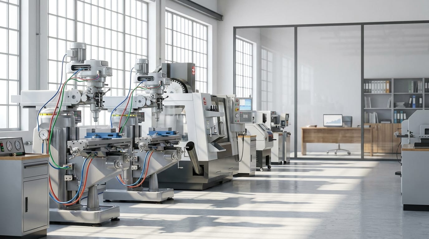 Industrial manufacturing facility with CNC machines and office space visible through glass partition