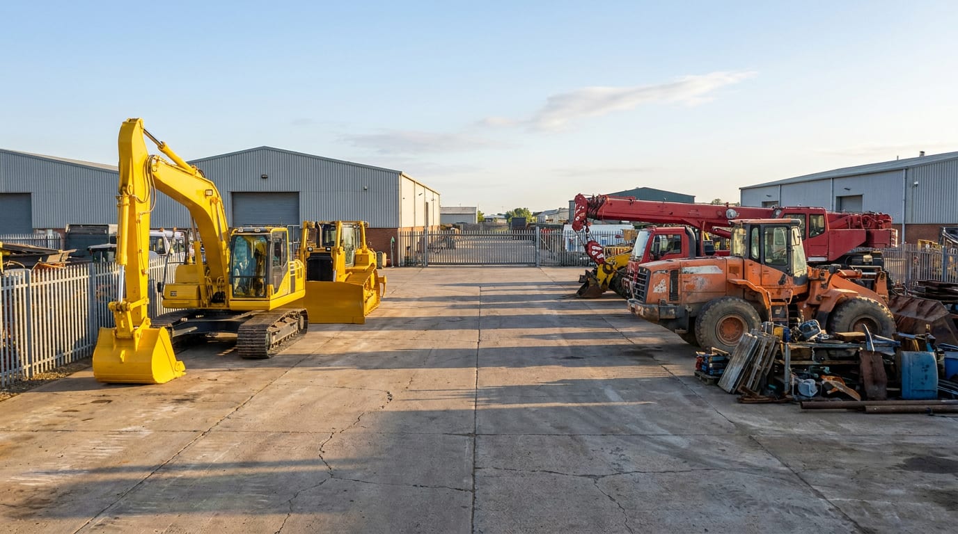 Industrial equipment yard with yellow excavator and bulldozer on left, crane and wheel loader on right, separated by paved corridor