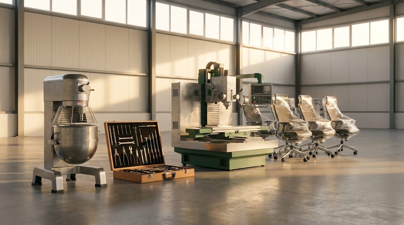 Organized warehouse bay with donated equipment including commercial mixer, hand tools, CNC machine, and office chairs