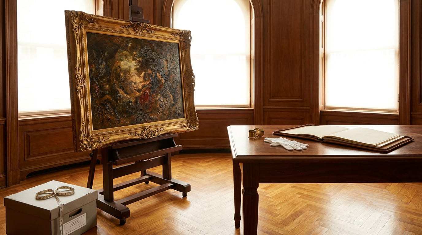 Gallery room with oil painting on easel, inspection gloves, magnifying loupe, and appraisal materials on walnut table