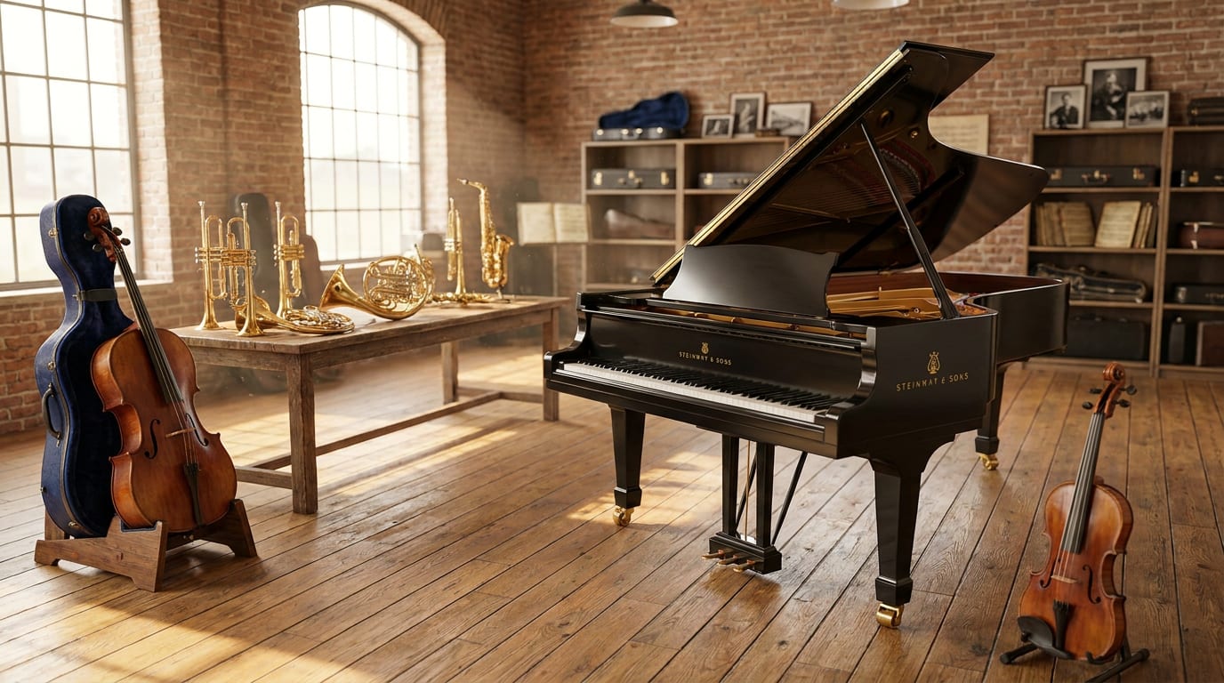Grand piano, cello, trumpets, French horns, and violin displayed in a sunlit instrument hall with arched windows