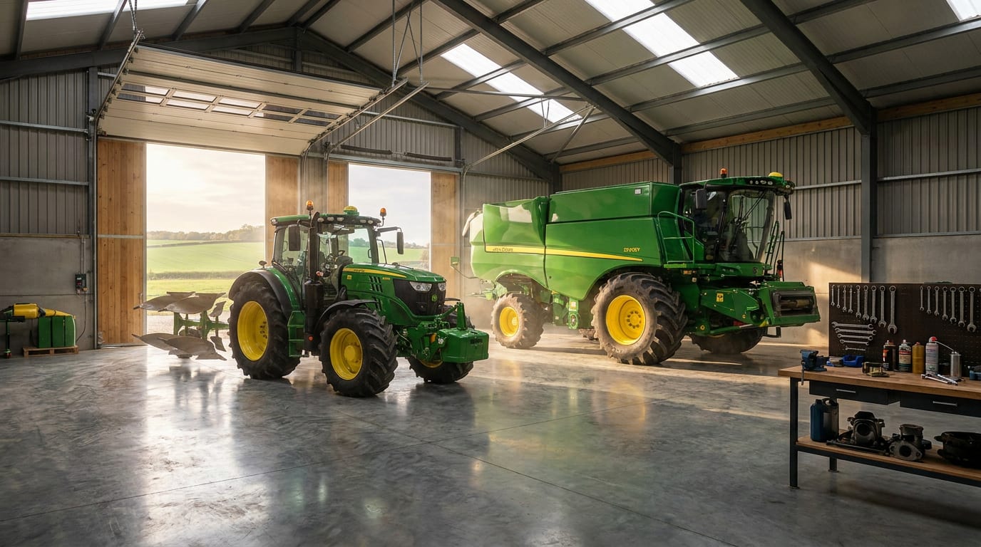Row of farm machinery including green and yellow combine harvester and tractor in modern sunlit barn with polished concrete floor