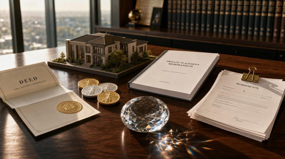 Private investment portfolio items including property deed, bullion coins, and financial documents arranged on dark wood surface