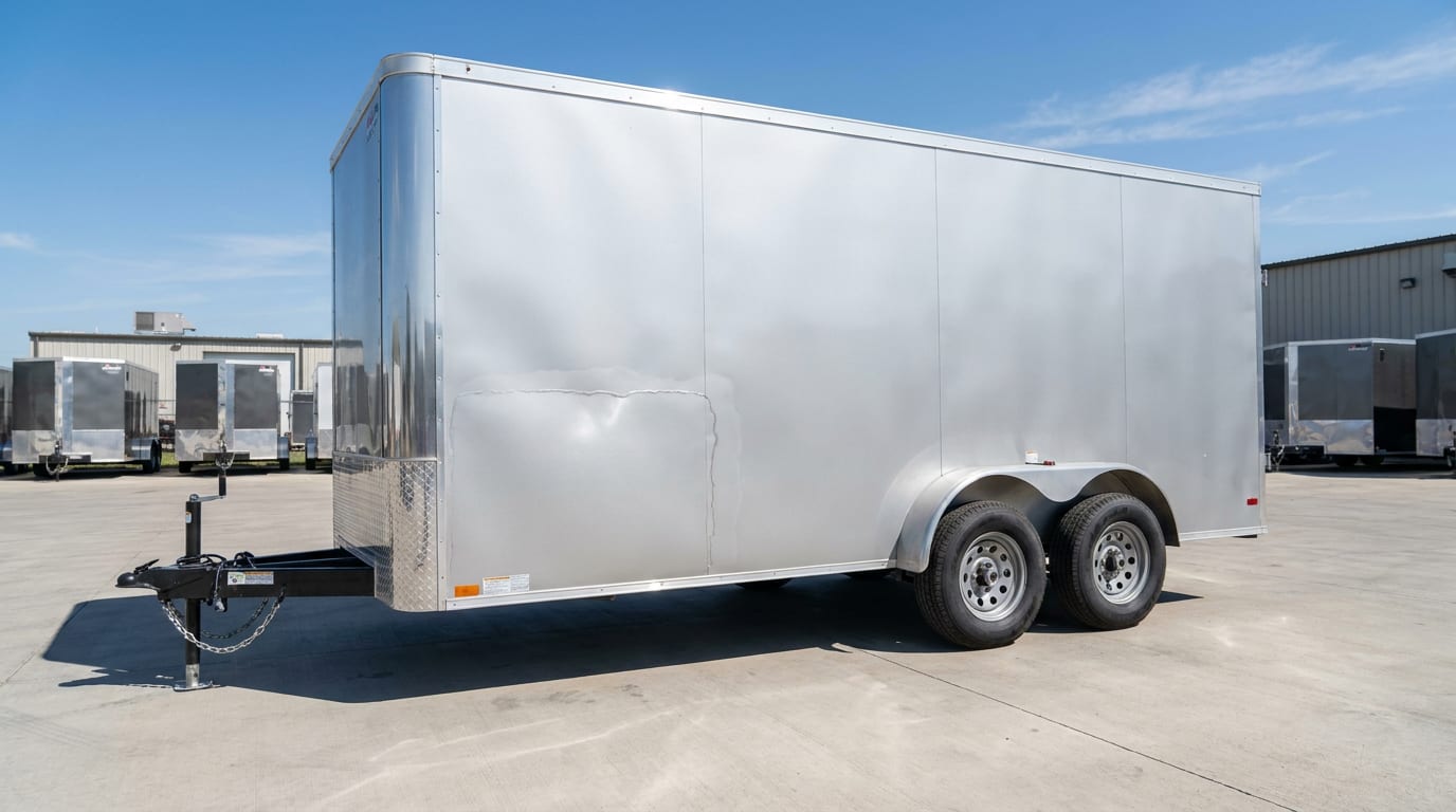 Commercial cargo trailer with visible repair panel and mismatched paint on aluminum siding in inspection yard