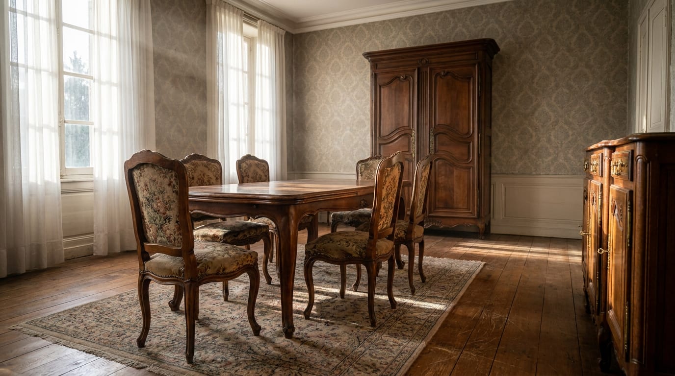 Formal dining room with mahogany table, carved wooden chairs, ornate cabinet, and armoire in morning sunlight