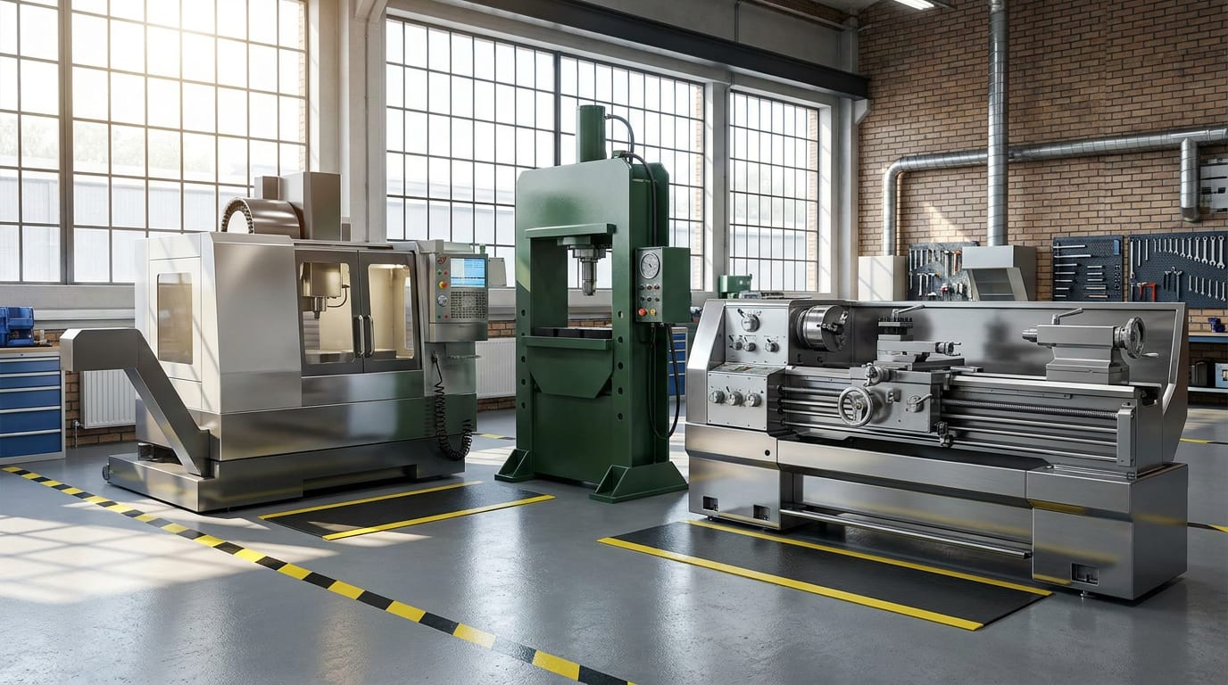 Industrial workshop with CNC milling machine, hydraulic press, and lathe lit by natural light