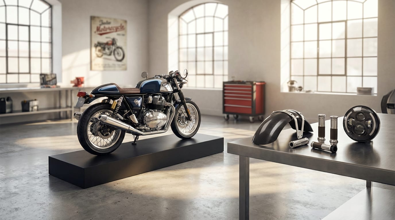 Customized motorcycle on black display platform in bright showroom with aftermarket parts on workbench