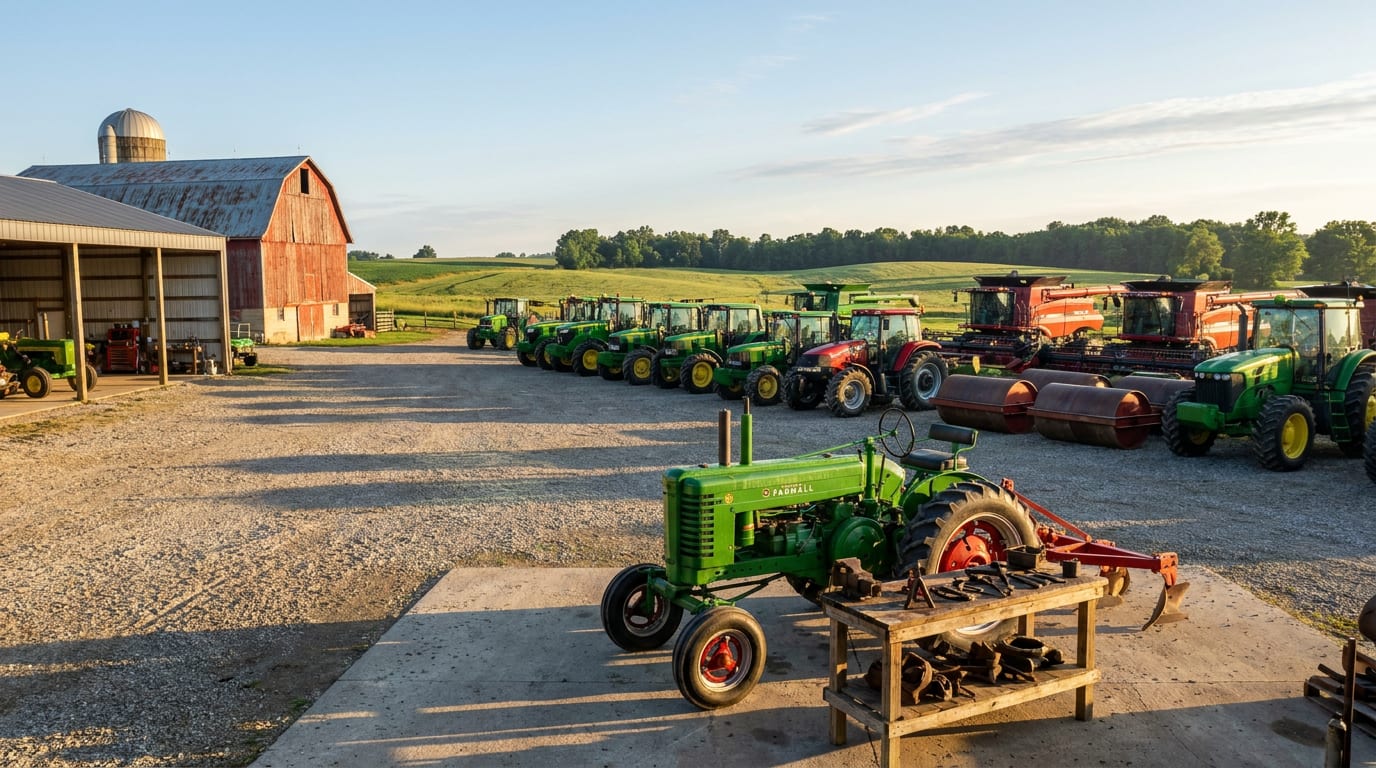 Organized farm equipment yard with tractors and harvesters on concrete pad beside red barn and steel workshop, rolling farmland in background