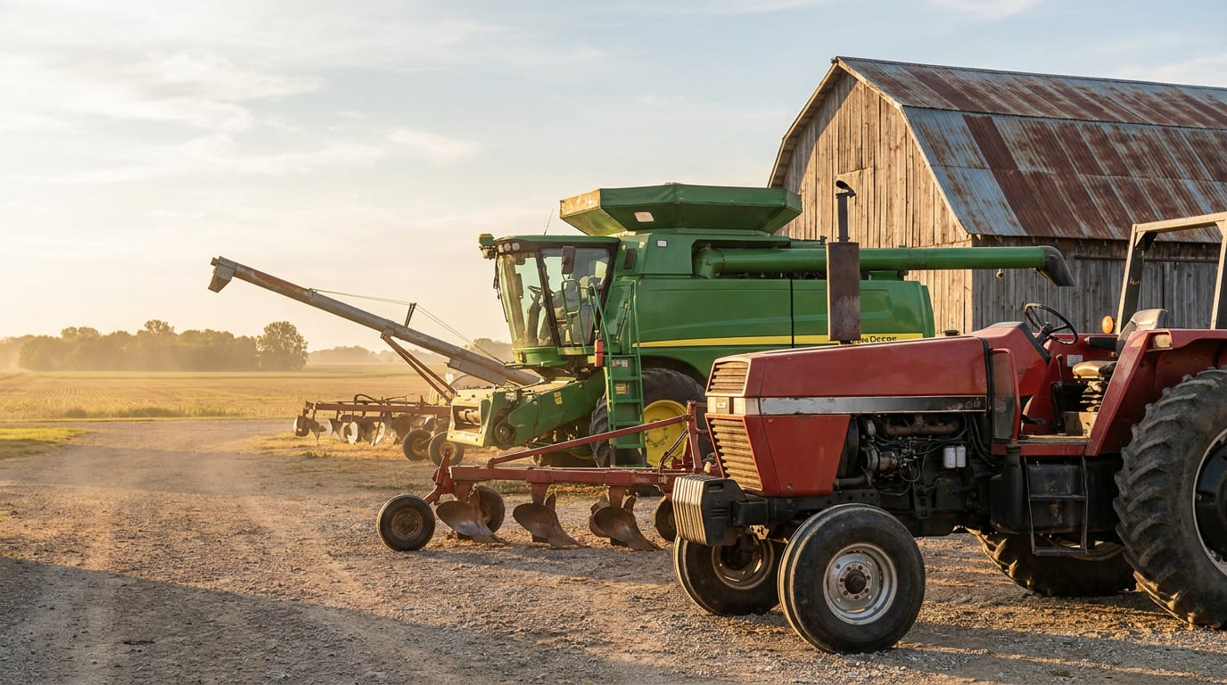 Green combine harvester and red tractor parked beside weathered barn in rural equipment yard at sunrise