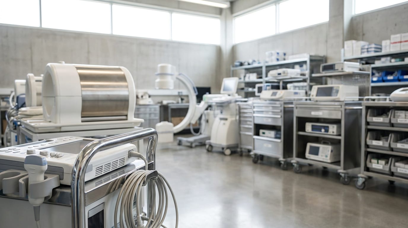 Modern hospital storage bay with organized medical equipment, MRI coil assembly, and diagnostic carts under natural light