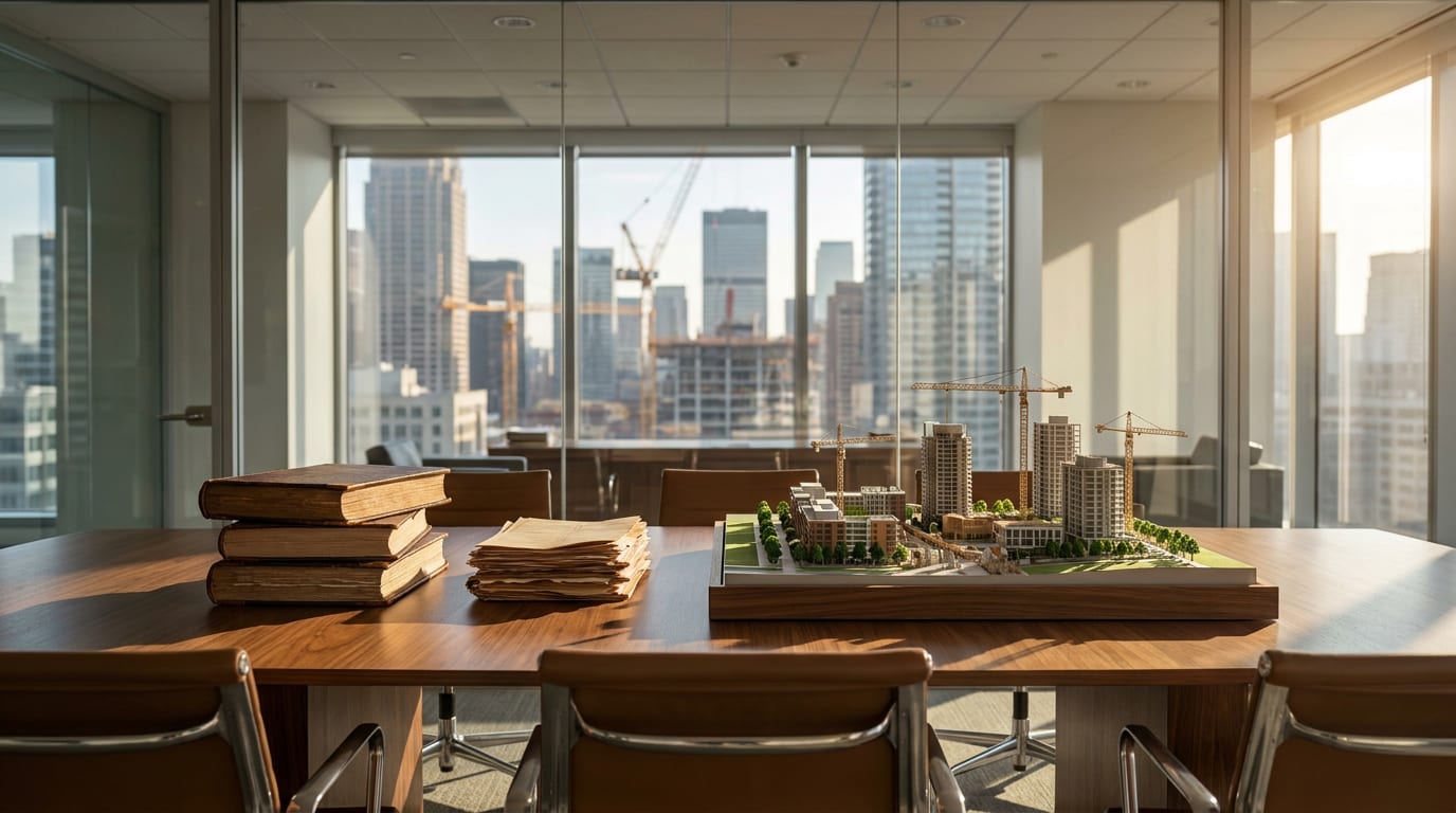Sunlit boardroom with polished walnut conference table displaying legal documents and architectural model of mixed-use development project with cit…