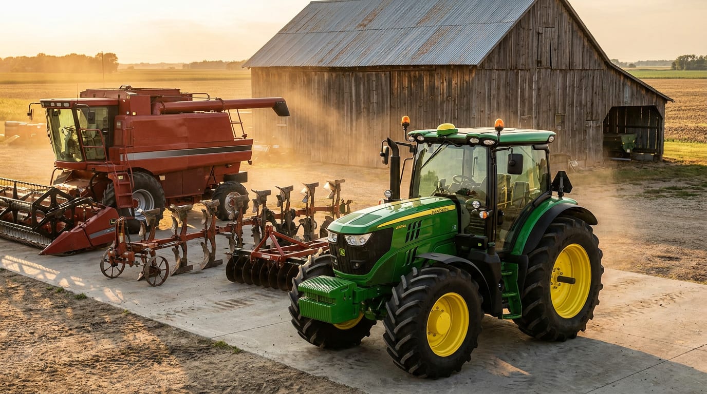 Green and yellow tractor with combine harvester and farm implements in equipment yard