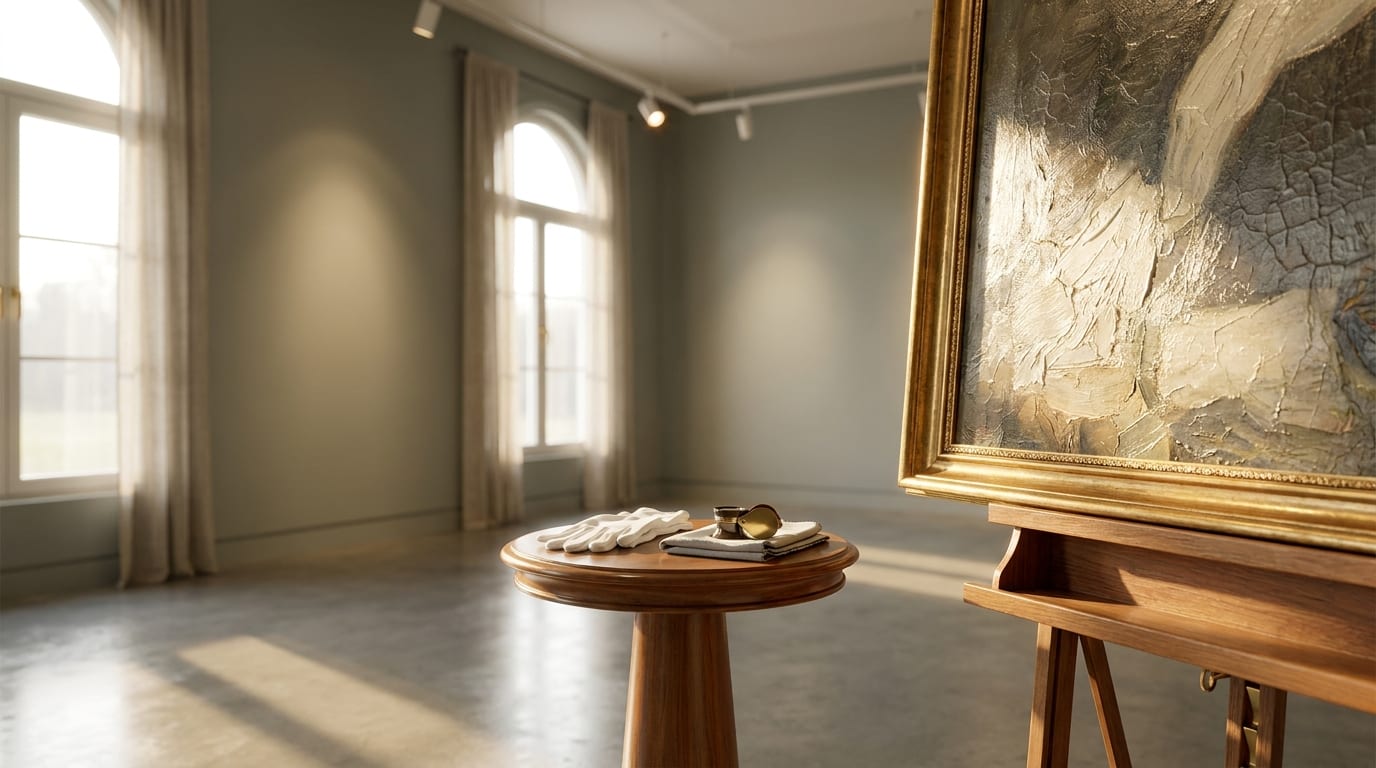 Oil painting on easel with conservation tools in gallery room with track lighting