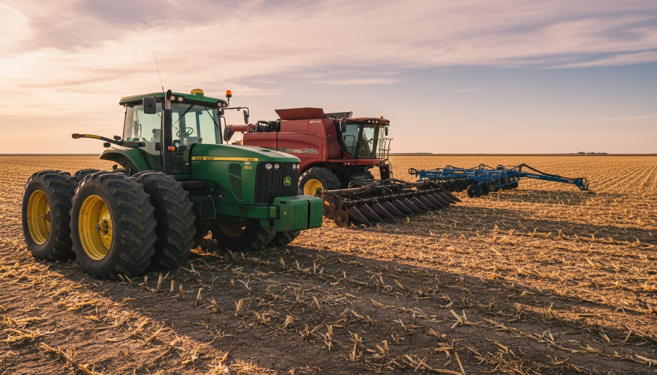 Green John Deere tractor and red Case IH combine harvester in a harvested field at sunset.