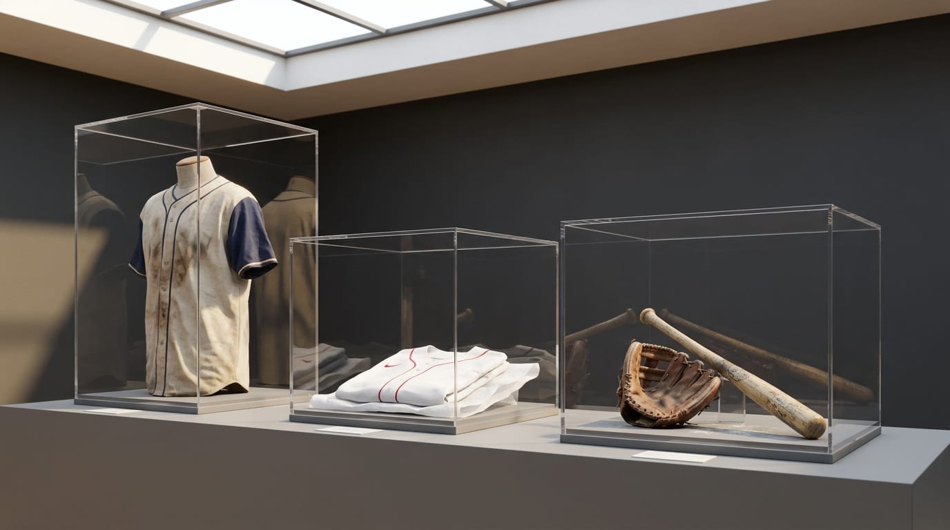 Museum display cases with game-worn baseball jersey, team-issued jersey, leather glove, and wooden bat under skylight