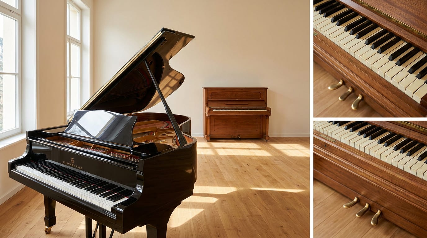 Black grand piano with lid raised and mahogany upright piano in sunlit music room