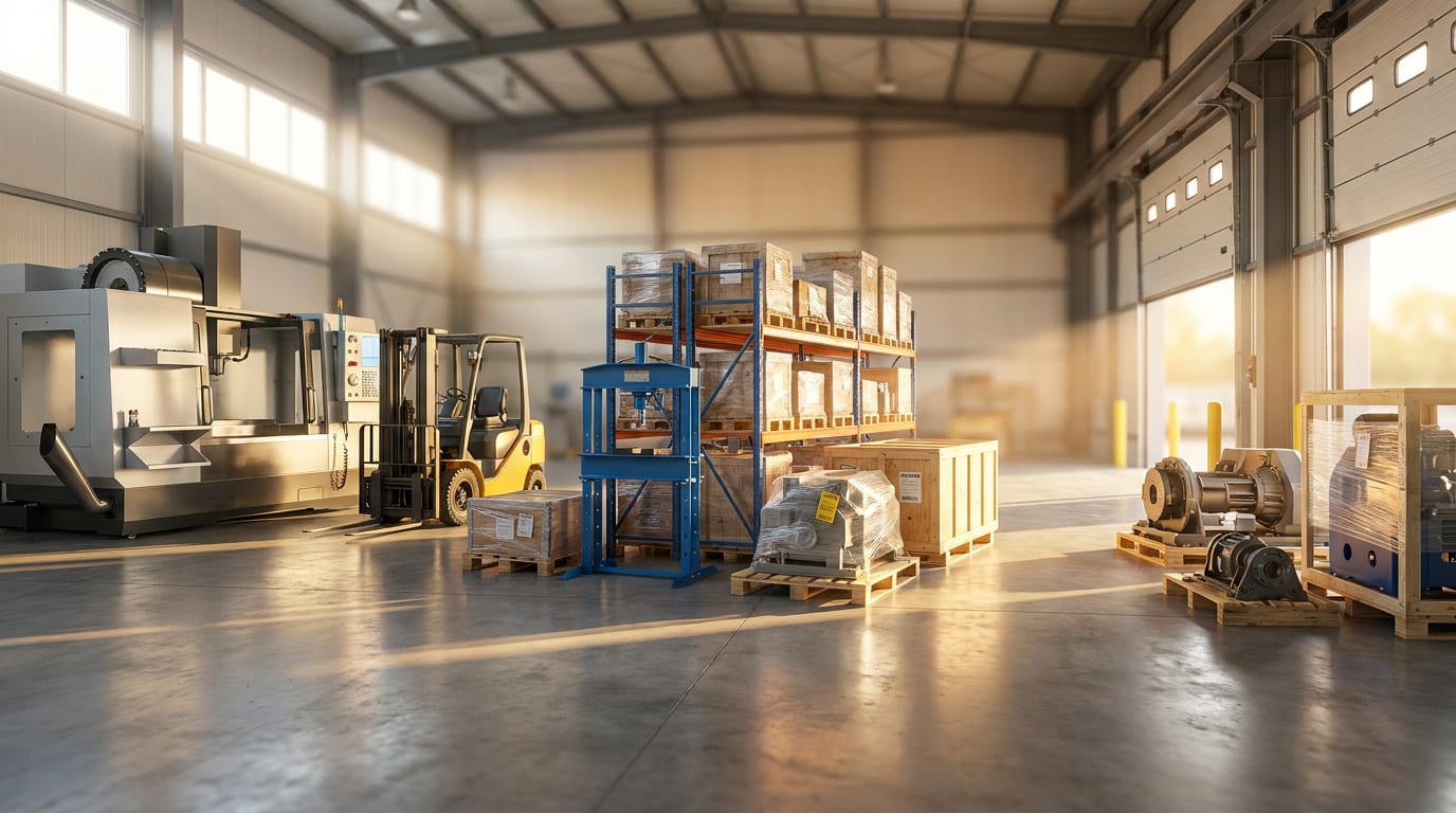 Industrial warehouse with CNC milling machine, forklifts, hydraulic press, and pallet racking under natural light