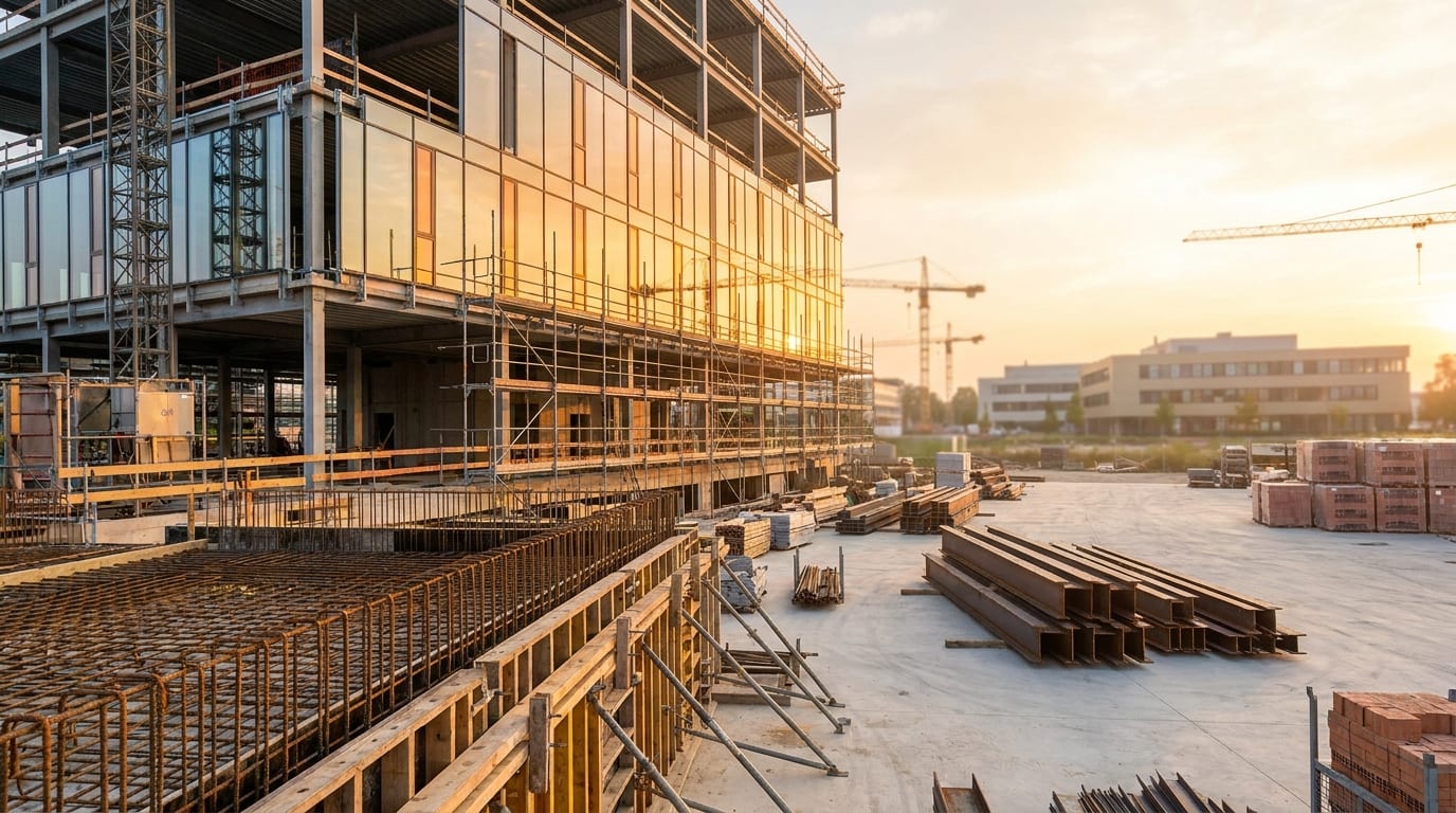 Construction site with steel scaffolding, glass panels, concrete foundations, and commercial buildings in background
