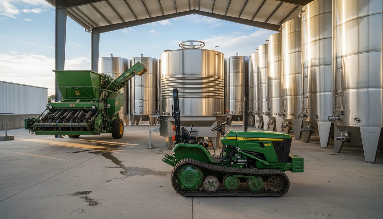 Stainless steel bladder press and fermentation tanks in winery crush pad with green vineyard tractor and grape harvester