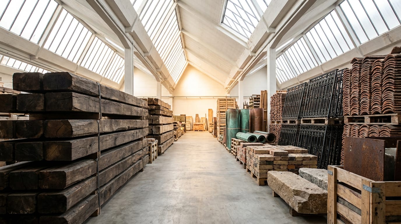 Organized architectural salvage warehouse with stacked reclaimed materials including oak beams, terracotta tiles, wrought-iron railings, and vintag…