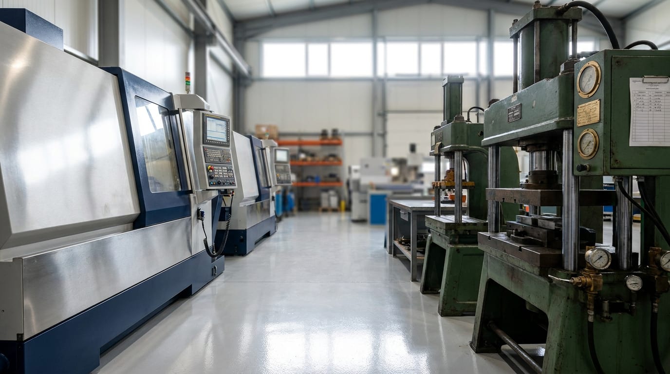 Modern CNC machining center and older industrial press machine facing each other on polished concrete floor in bright warehouse