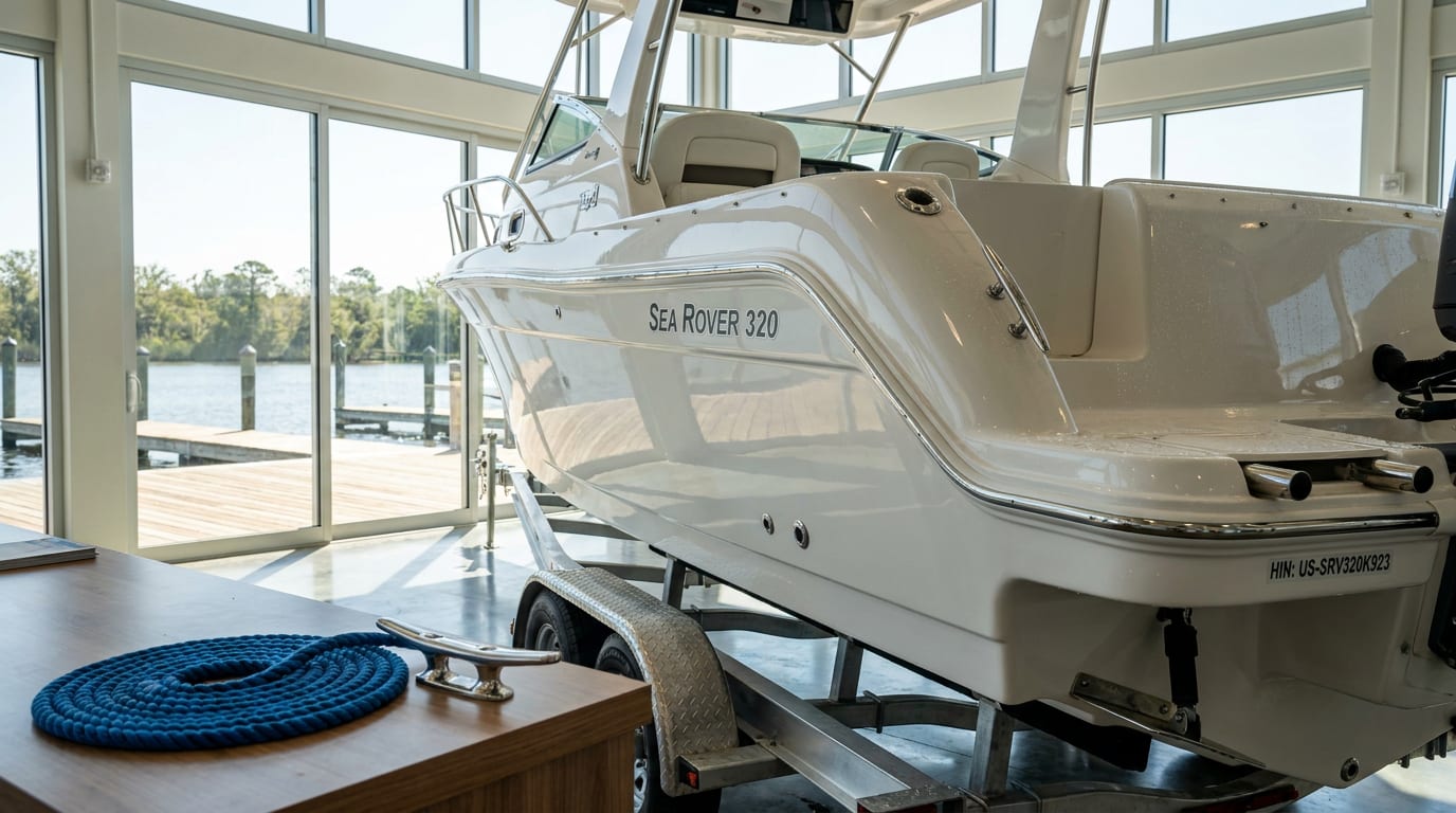 White fiberglass motorboat with chrome trim on display trailer in marina showroom