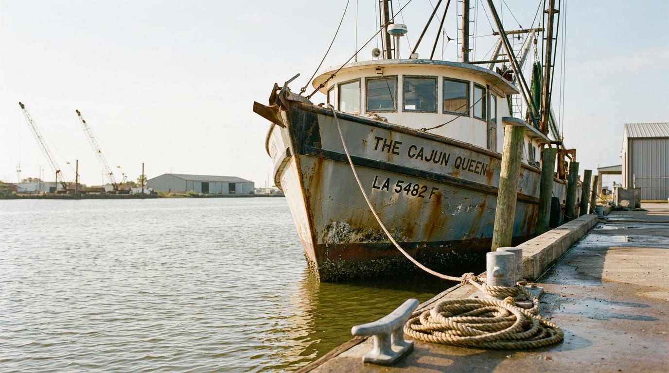 Commercial fishing trawler moored at Louisiana dock at sunrise with weathered hull and coiled rope in foreground