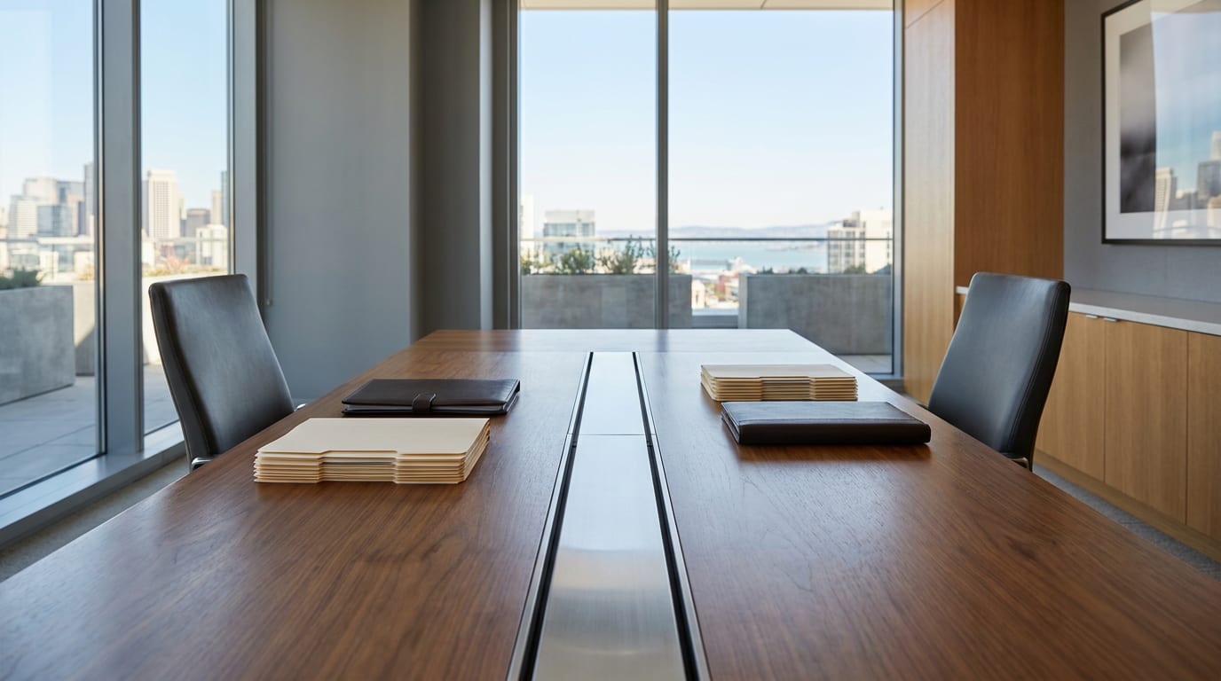 Modern conference room with walnut table bisected by steel seam, leather chairs, San Francisco skyline beyond windows