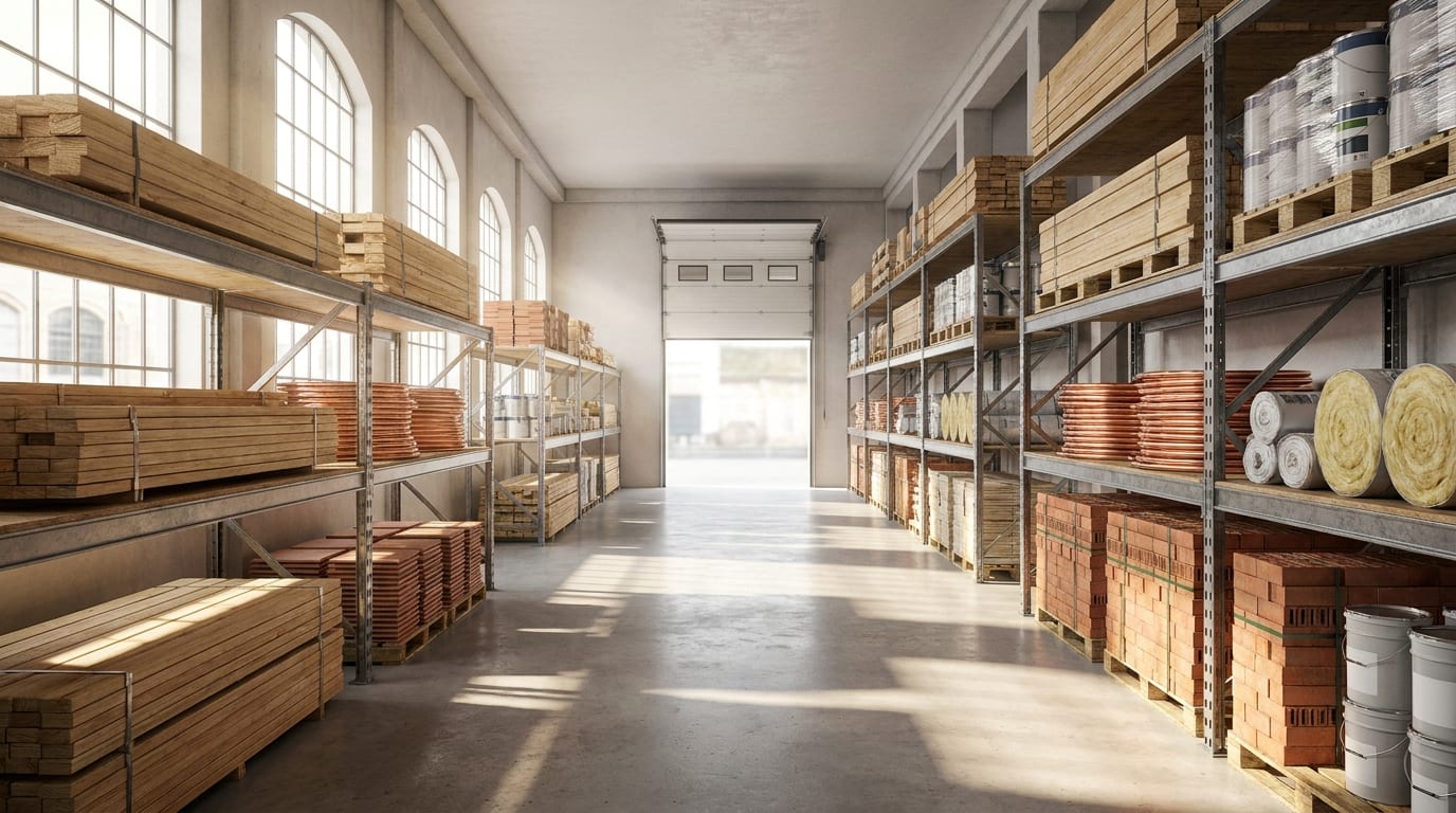 Sunlit warehouse with organized stacks of donated building materials including lumber, tiles, copper piping, bricks, insulation, and paint cans on…