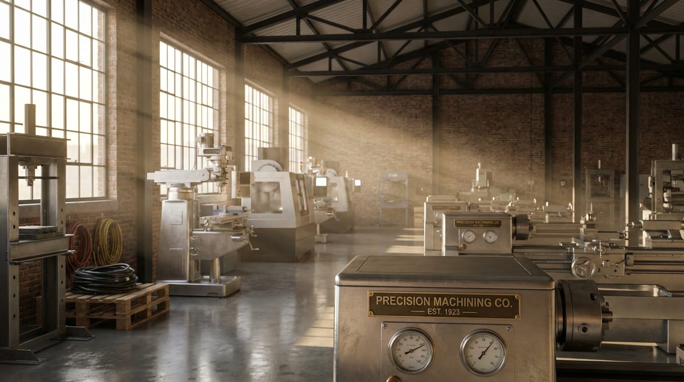 Industrial workshop with CNC mills, lathes, and hydraulic presses in morning light
