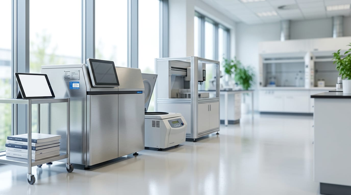 Modern analytical laboratory with mass spectrometer, centrifuge, and liquid handler on polished floor with natural light