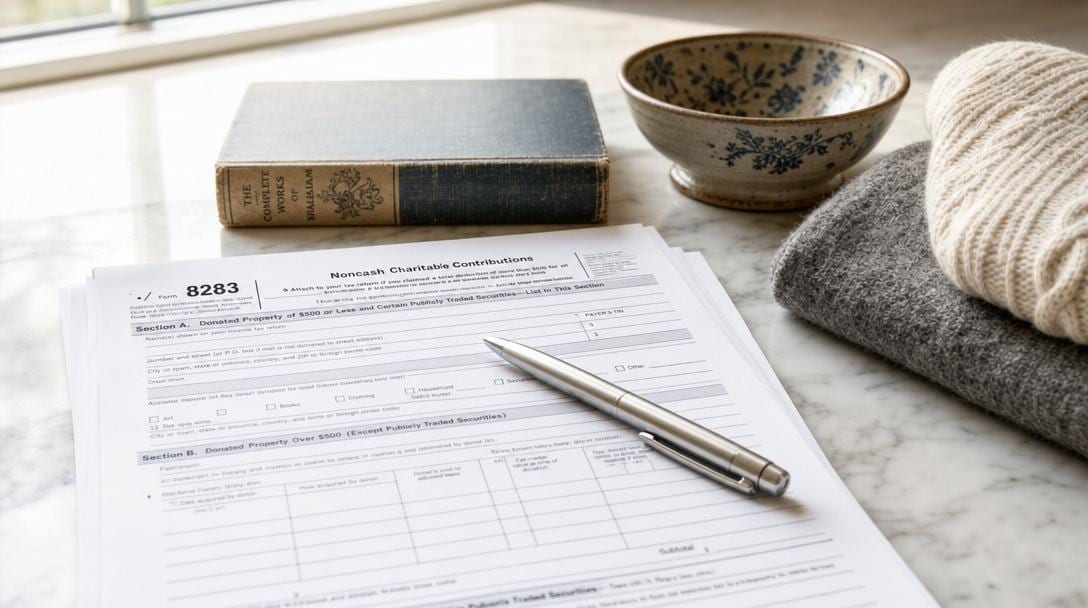 Tax forms and silver pen on marble desk with donated items including book, bowl, and wool garment