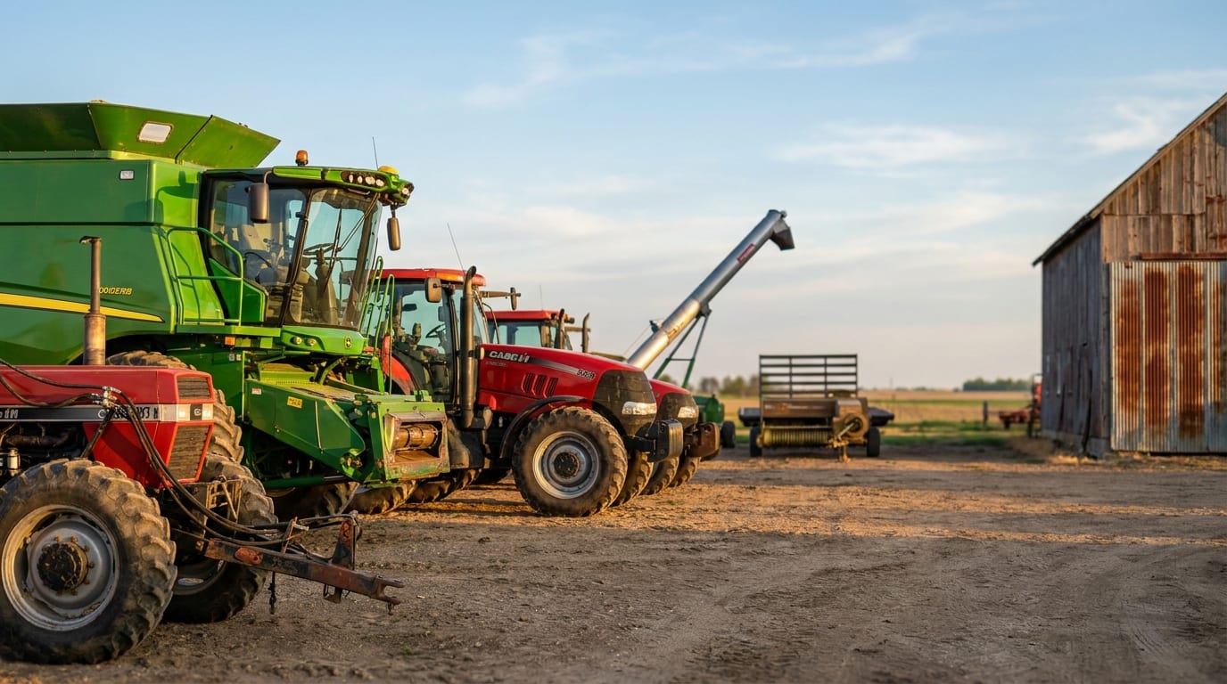 Agricultural equipment yard with green combine harvester, red tractor, grain auger, and hay baler arranged in rows beside wooden barn